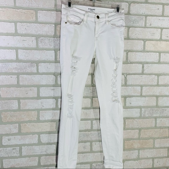 Frame Denim Le Skinny de Jeanne Blanc Distressed Skinny Jeans Size 27 - Picture 5 of 12